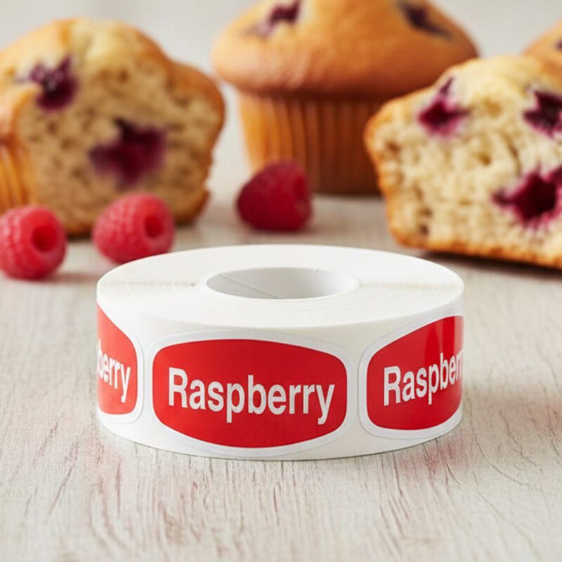 568072-Raspberry-Stickers Raspberry label with red background and white print shown with raspberry pastries
