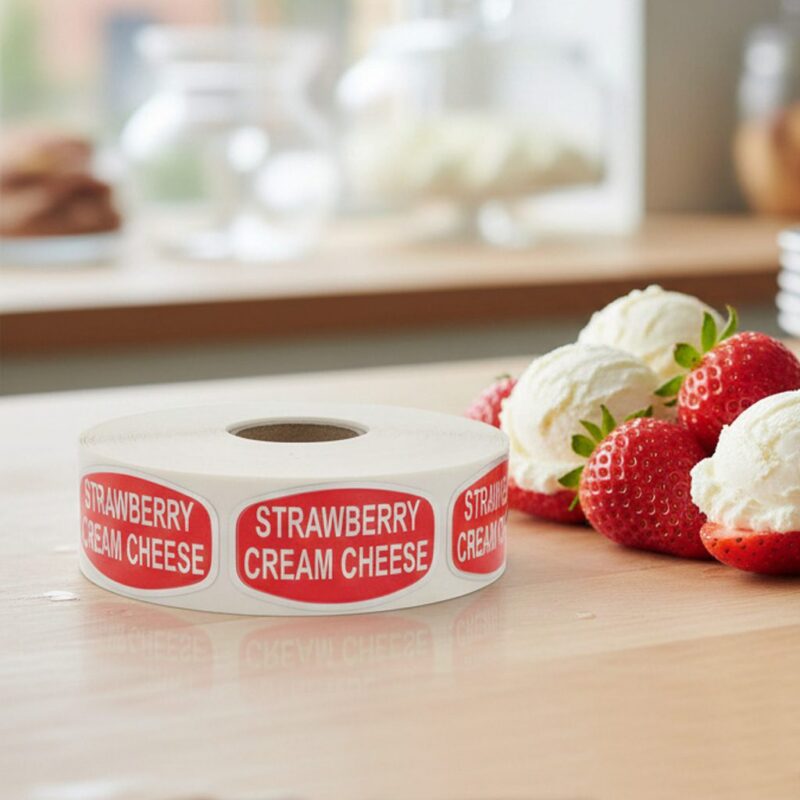 568100-Strawberry-Cream-Cheese-Label2 Strawberry cream cheese label on a roll of stickers