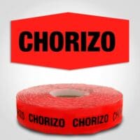 Chorizo Sausage Label dayglo red on roll of stickers