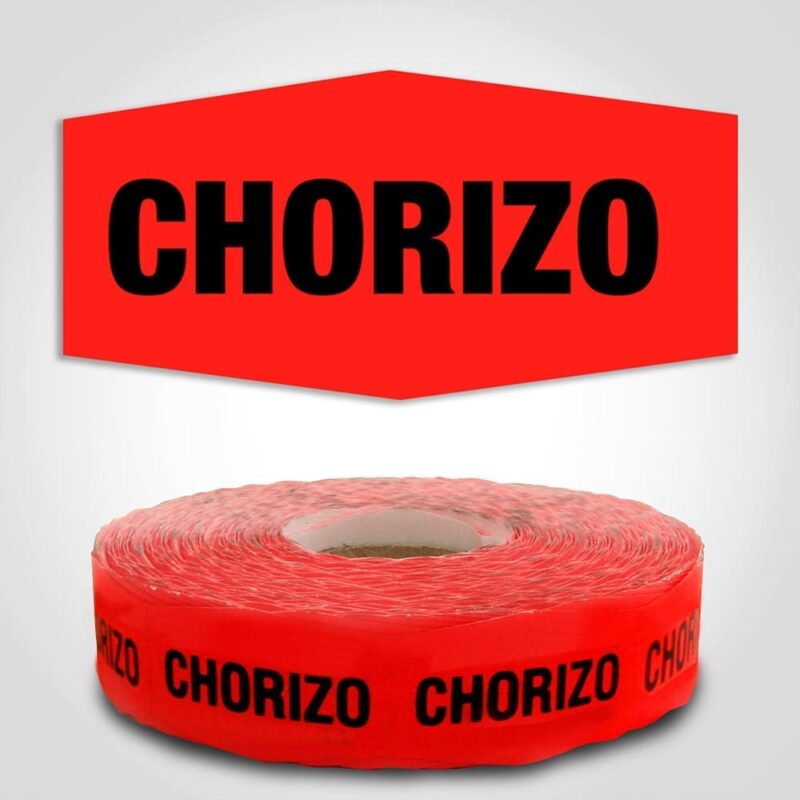 Chorizo Sausage Label dayglo red on roll of stickers