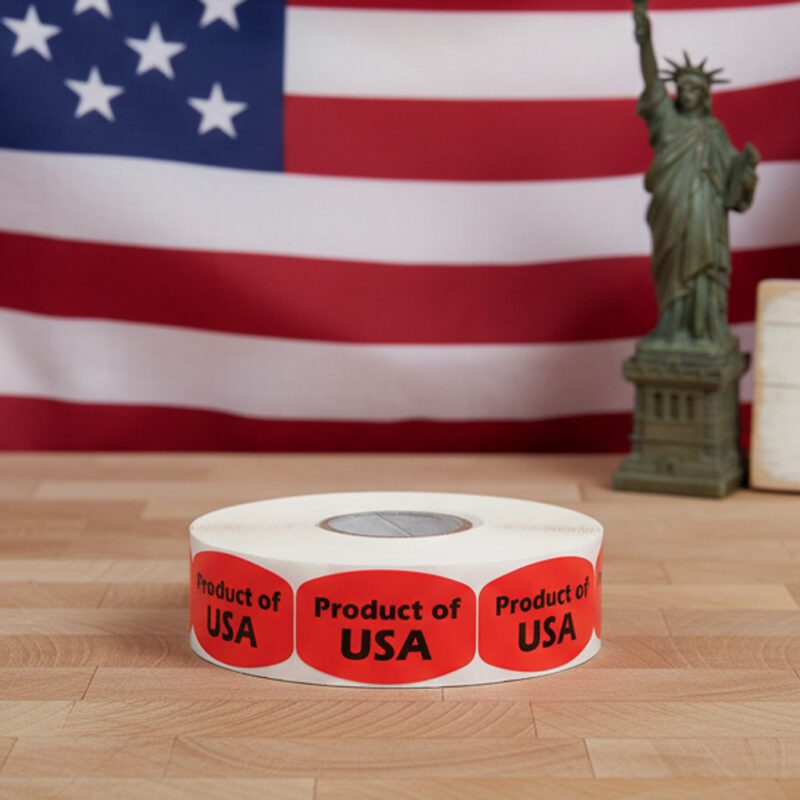 591032-Product-of-U.S.A Product of USA sticker on a red label with black print