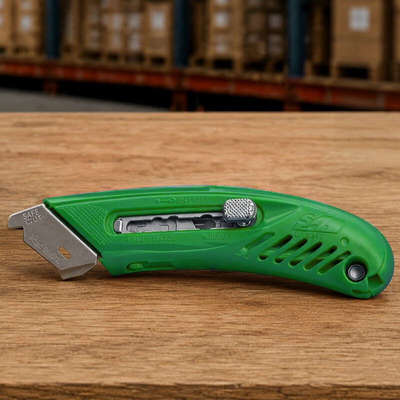 600091 Safety Cutter Right Handed Green S4TM right-handed safety box cutter for warehouse use.
