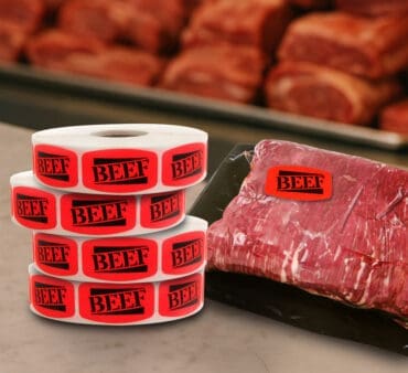 Beef Sticker on countertop with labeled beef