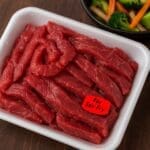 For stir-fry dayglo label on package of stir fry meat