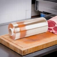 18" meat film roll on a butcher block