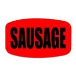 Sausage label on a red sticker with black print