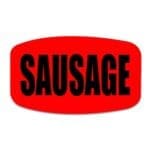 Sausage label on a red sticker with black print