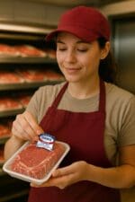 USDA Choice Grade Lean Meat Label being placed