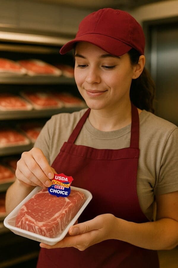 Usda Boneless Beef Choice Sticker being placed on package