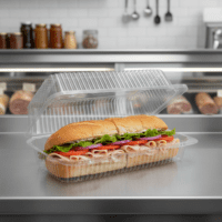 Medium Utility Clamshell Carryout Food Container 8″x4.5″x3″ with sub sandwich inside