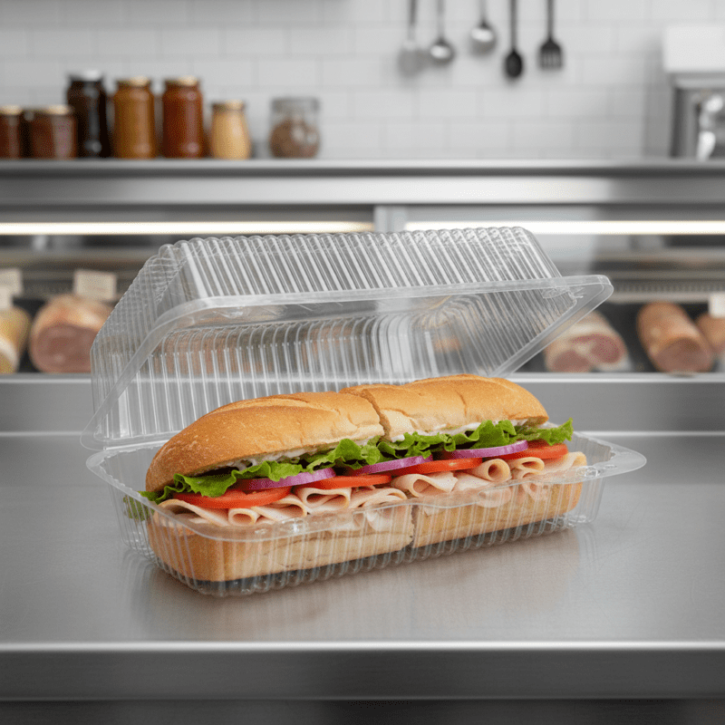 Medium Utility Clamshell Carryout Food Container 8″x4.5″x3″ with sub sandwich inside