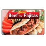 beef for fajita label showing a fajita in background and text that reads beef for fajitas