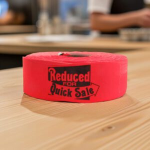 Reduced for quick sale sticker on a red rectangle label with black print