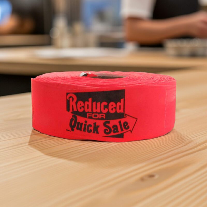 Reduced for quick sale sticker on a red rectangle label with black print
