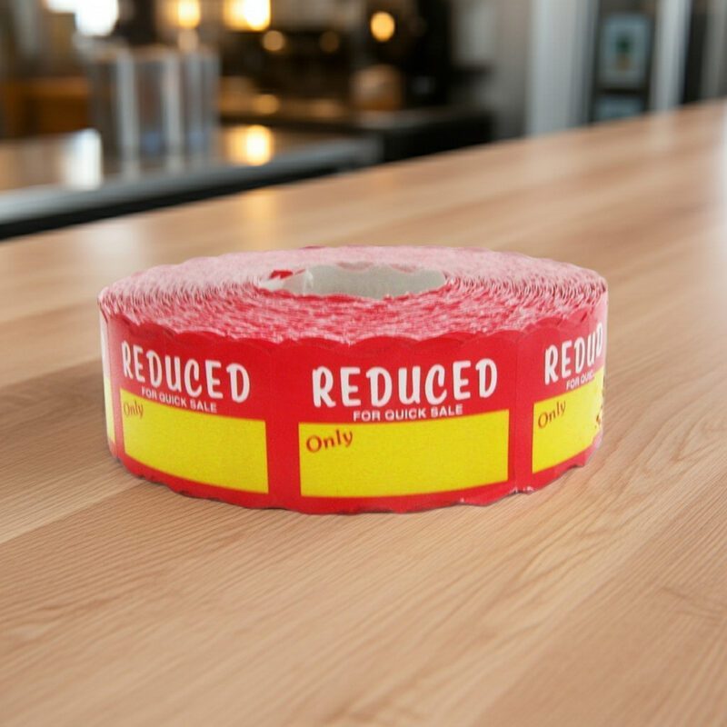500382-Reduced-for-Quick-Sale-Label-Stickers-red-yellow Reduced for quick sale sticker with room to write price and message on red label with yellow print