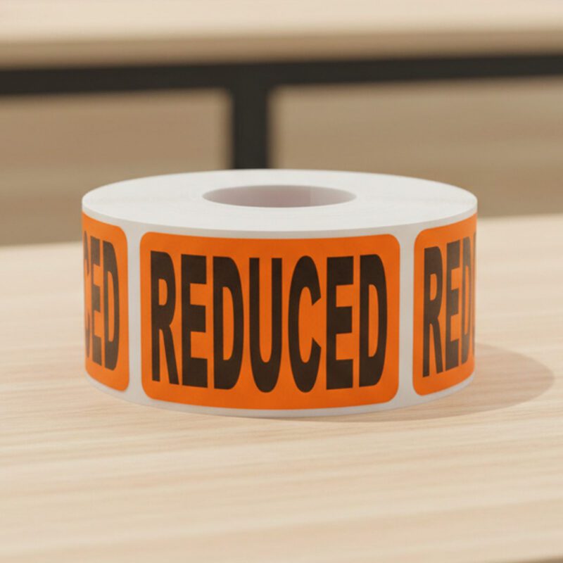 500447-Reduced-Label-Stickers-orange-rectangle reduced sticker on an orange rectangle label with black print