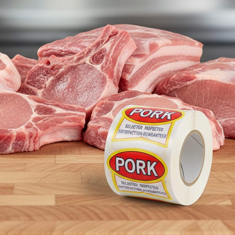 500487-Pork-Label-Butcher-Sticker-ribbon-label Pork Ribbon Sticker on a white label with red and yellow print