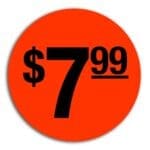 7.99 pricing label on a red sticker with black print