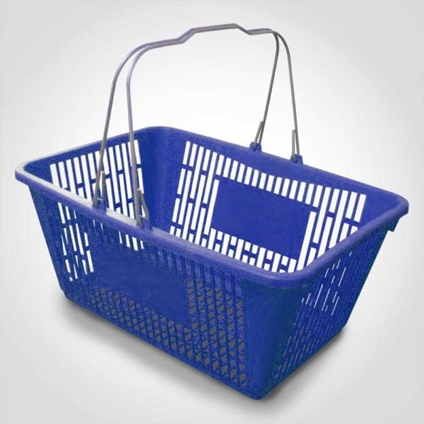 Blue Jumbo Plastic Shopping Baskets with sign and stand