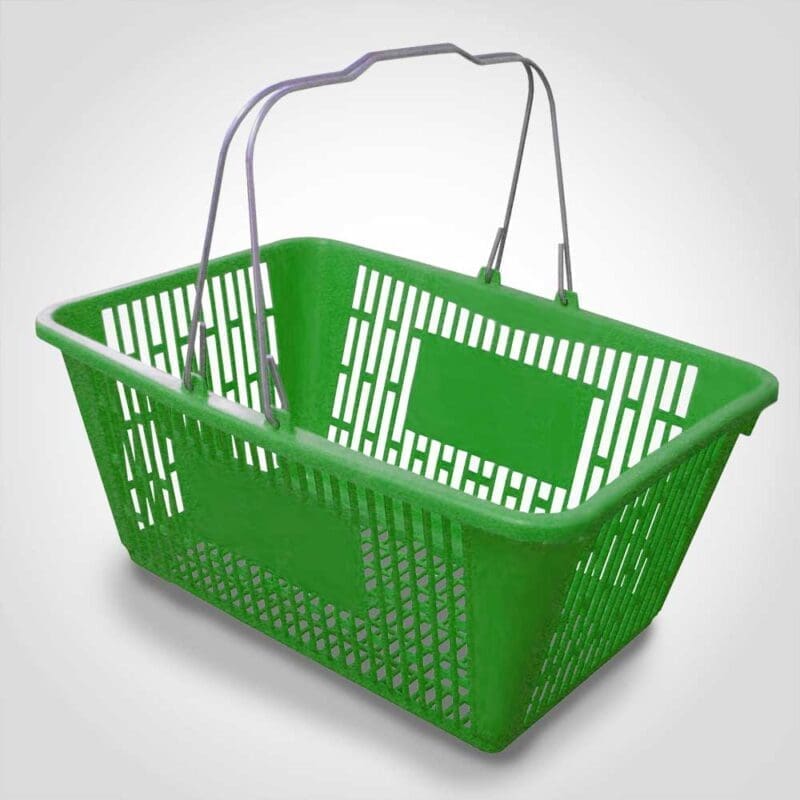 88-700018 Green Jumbo Plastic Shopping Baskets with sign and stand