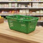 Green Jumbo Plastic Shopping Baskets with sign and stand in a 12 PACK of baskets