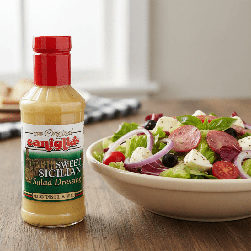 Caniglia’s Sweet Italian Dressing next to salad