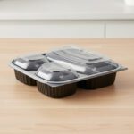 Microwavable Containers 3-Compartment Base Black takeout container for meals shown with lid