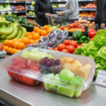 4 Compartment Deli Tray, Produce Tray Clear Base with Dip Cup and Lid