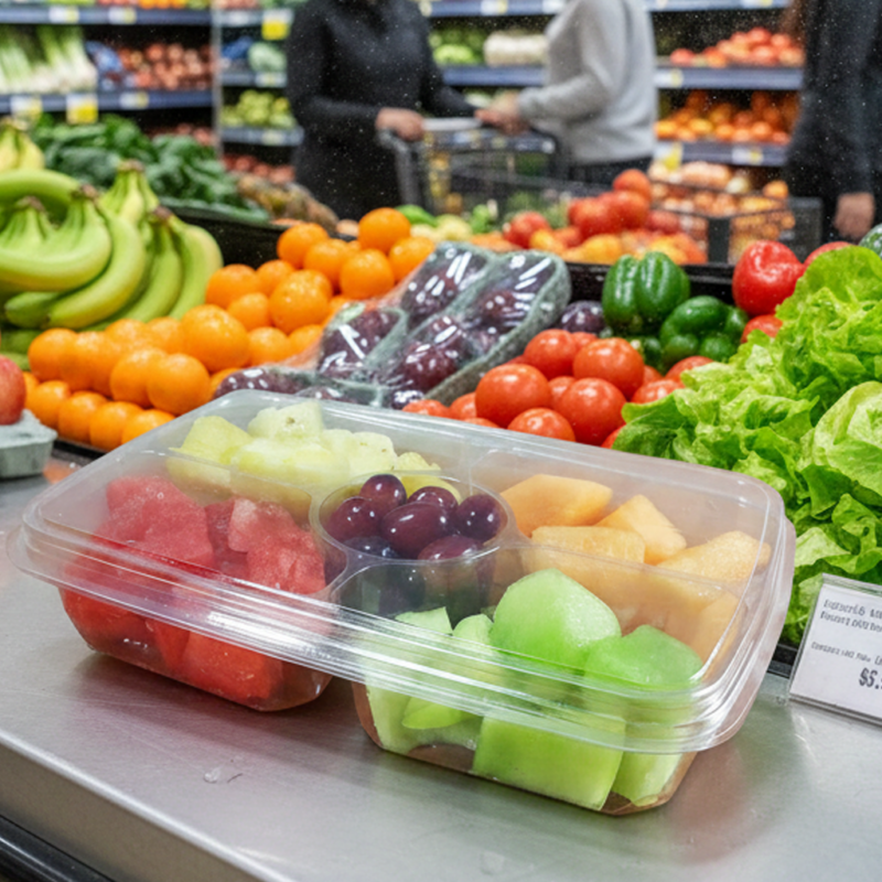 4 Compartment Deli Tray, Produce Tray Clear Base with Dip Cup and Lid