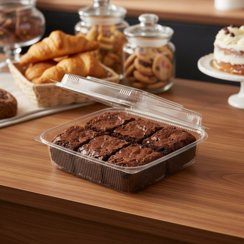 260492-5 Large Deep Hinged Takeout 9″ Clamshell SeeShell® 9.5″ x 9.5″ x 3.5″ with brownies inside
