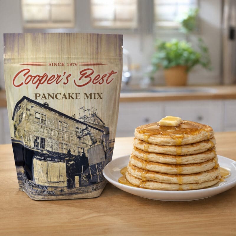 Cooper's Best Pancake Mix next to freshly made Pancakes
