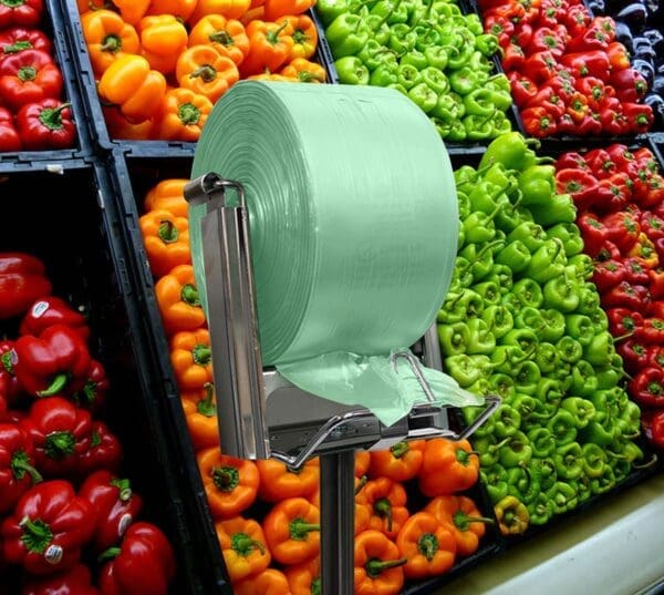 100% Recycled Produce Bags Pull N Pak shown on a rack