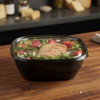 Black Catering Bowl 64oz on deli counter with large salad inside