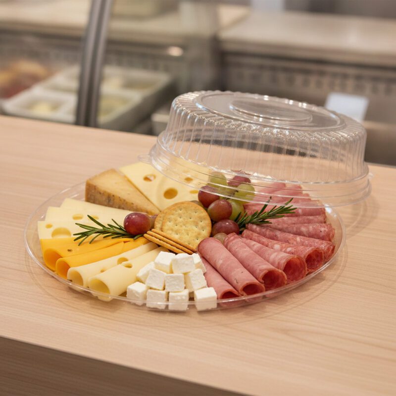 370138-12-inch-Clear-Flat-Elegant-Trays-with-Lid 12 inch Clear Flat Elegant Trays with Lid, Deli Tray in a case of 25 trays and lids