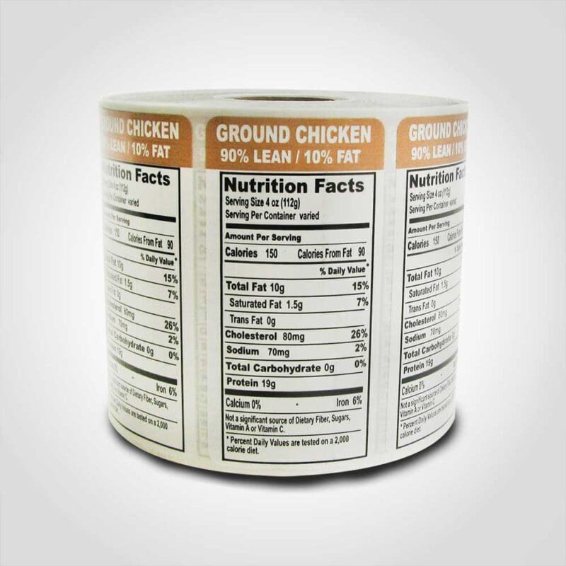 500716 Ground Chicken 90% Lean Nutritional Label - 1 roll of 1000 stickers