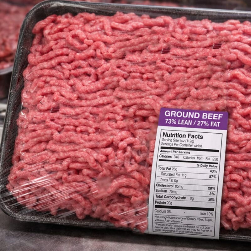 500718 Label on 73% Lean and 27% Packaging of Ground Beef