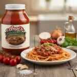 Angi’s Sicilian Style Spaghetti Sauce on table with spaghetti