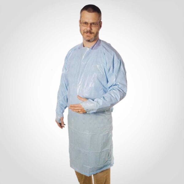 XL Blue Plastic Disposable Gown with Thumb Loops 48-inch