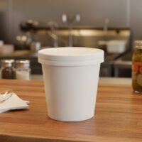 12oz White Paper Food Cup and Lids sitting on counter top