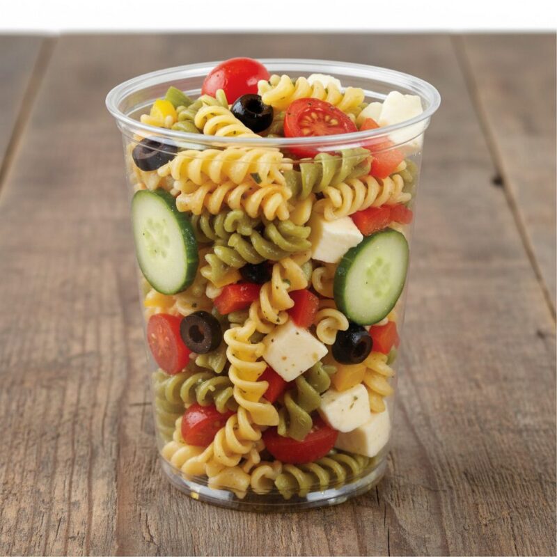261195 32 oz Deli Containers PET Plastic 22 oz Deli Containers PET Plastic shown on a deli counter with pasta inside container