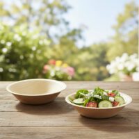 Palm Leaf Wood Bowl 6oz with salad inside