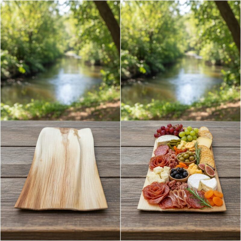 Palm leaf Tray show with charcuterie