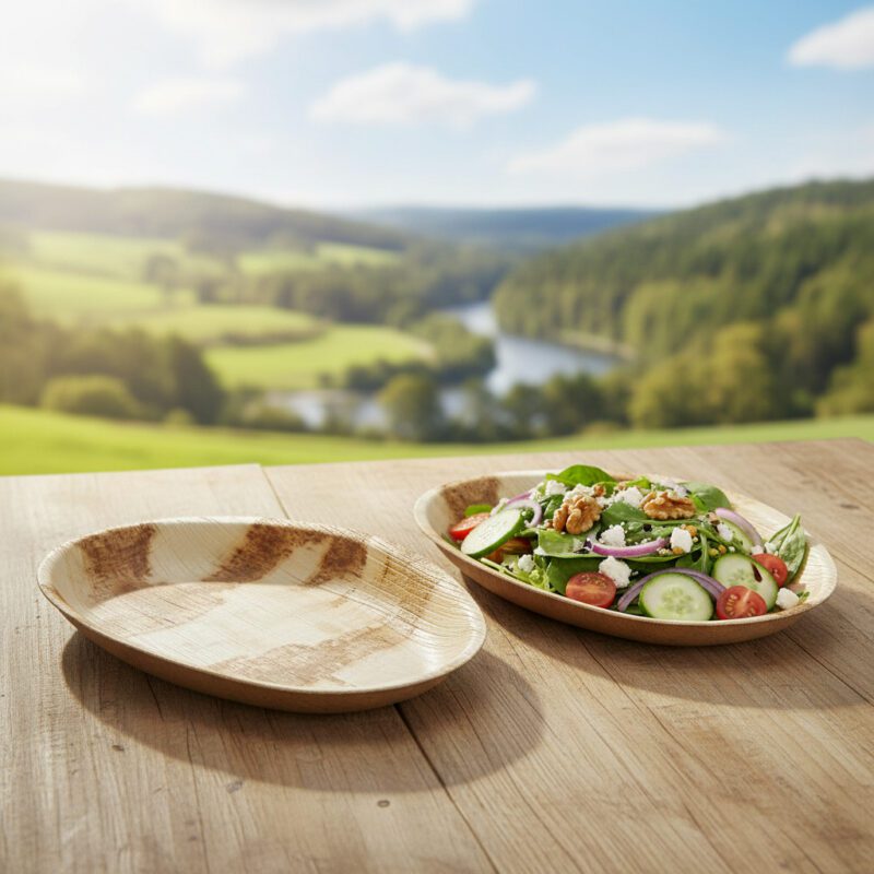 260452-Egg-Shaped-Palm-Leaf-Plate-LARGE-13oz Egg Shaped Palm Leaf Plate LARGE with salad inside plate
