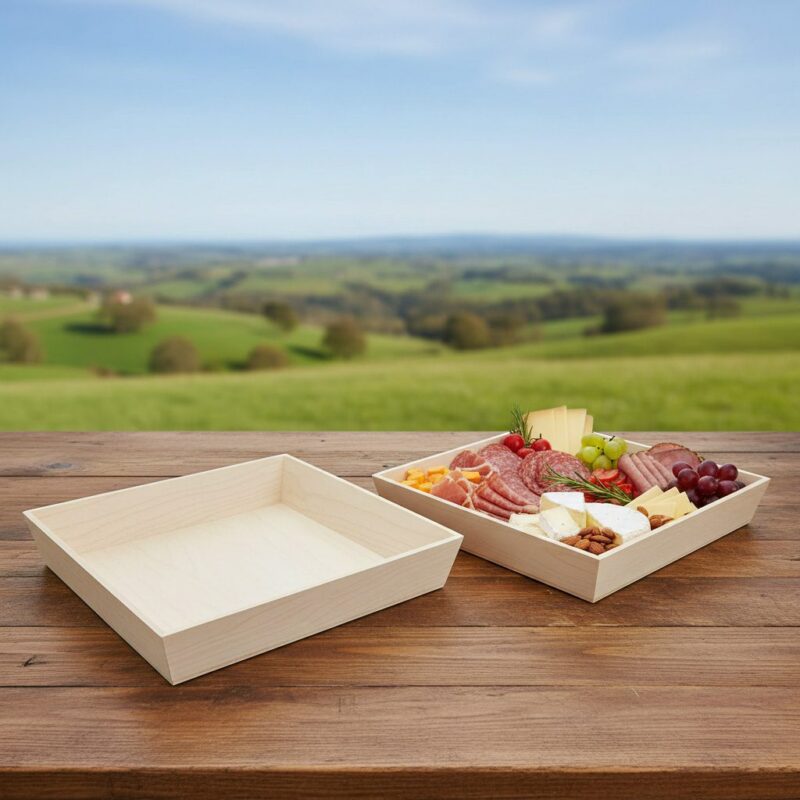 260455 Heavy-Duty-Wooden-Tray-medium-large Heavy Duty Wooden Tray - 14.75 x 14.75 x 3 inches on table with deli meats