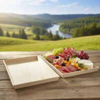 Heavy Duty Wooden Tray 15.4 x 11.4 x 1.5 inches shown with deli tray on table