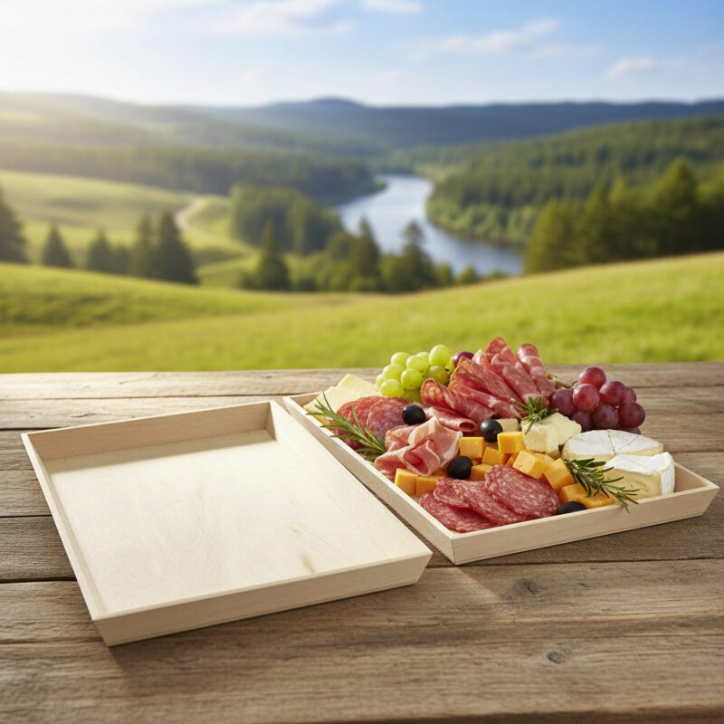 260457-Heavy-Duty-Wooden-Tray-15x11x1in Heavy Duty Wooden Tray 15.4 x 11.4 x 1.5 inches shown with deli tray on table