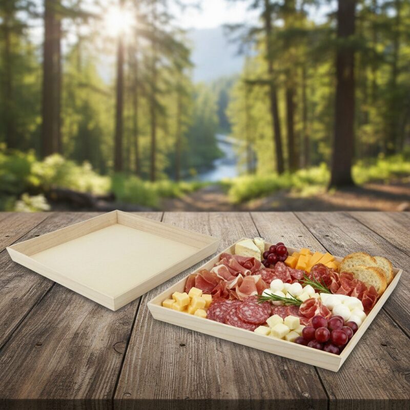 260459-Heavy-Duty-Wooden-Tray-12x12x1-1_2in Heavy Duty Wooden Tray 12x12x1-1/2 inch show with deli meats and cheese inside