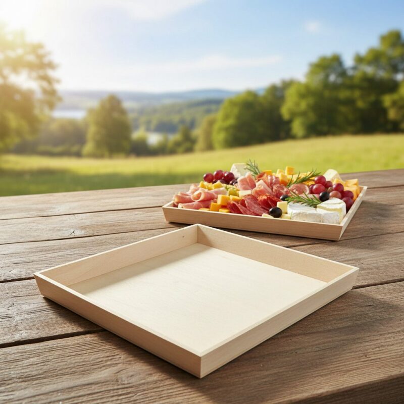 260460-Heavy-Duty-Wooden-Tray-17×17 Heavy Duty Wooden Tray 17 x 17 x 1.75 inches with deli tray on table