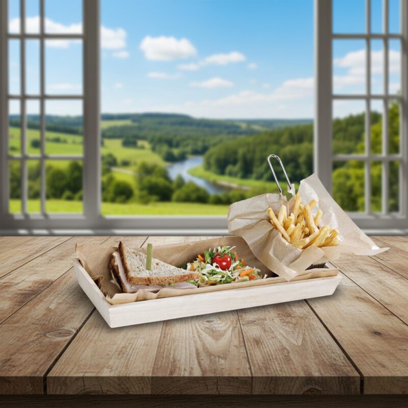 260469-Heavy-Duty-Wooden-Tray-17-x-7 Heavy Duty Wooden Tray 17 x 7.5 x 1.5 inches shown with sandwich and fries inside the tray