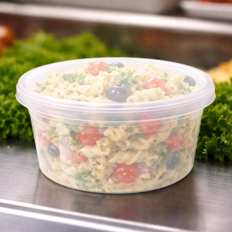 261312 – 8 oz Heavy Duty Deli Container with pasta salad inside 8 oz Heavy Duty Deli Container with pasta salad inside